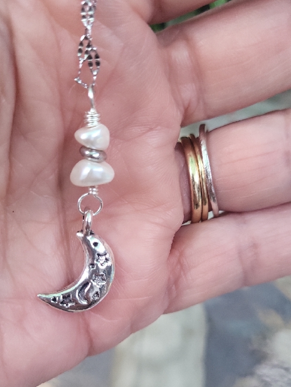 Silver Moon Pendant Necklace with Pearl Accents